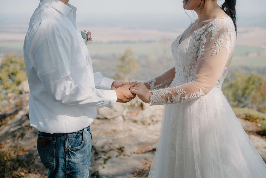 photo of bride and groom holding hands at Stouts point Petit Jean