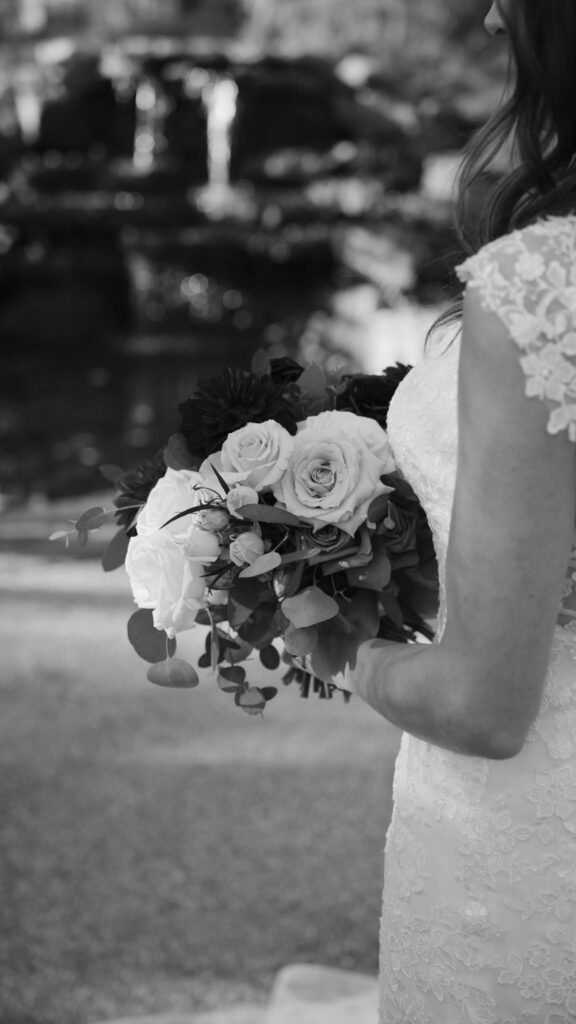 black and white photo of bride's bouquet