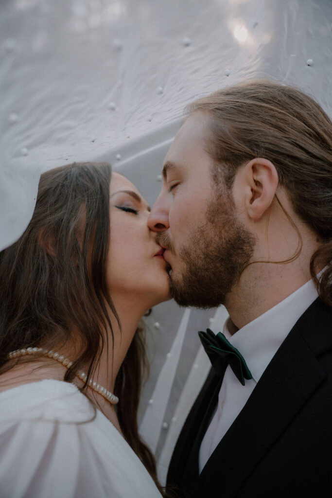 Photo of bride and groom kissing under the veil