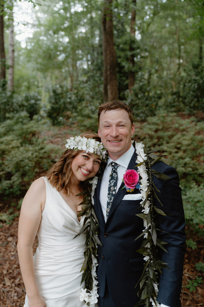 Photo of bride and groom in the forrest in Hot Springs at Garvan Gardens