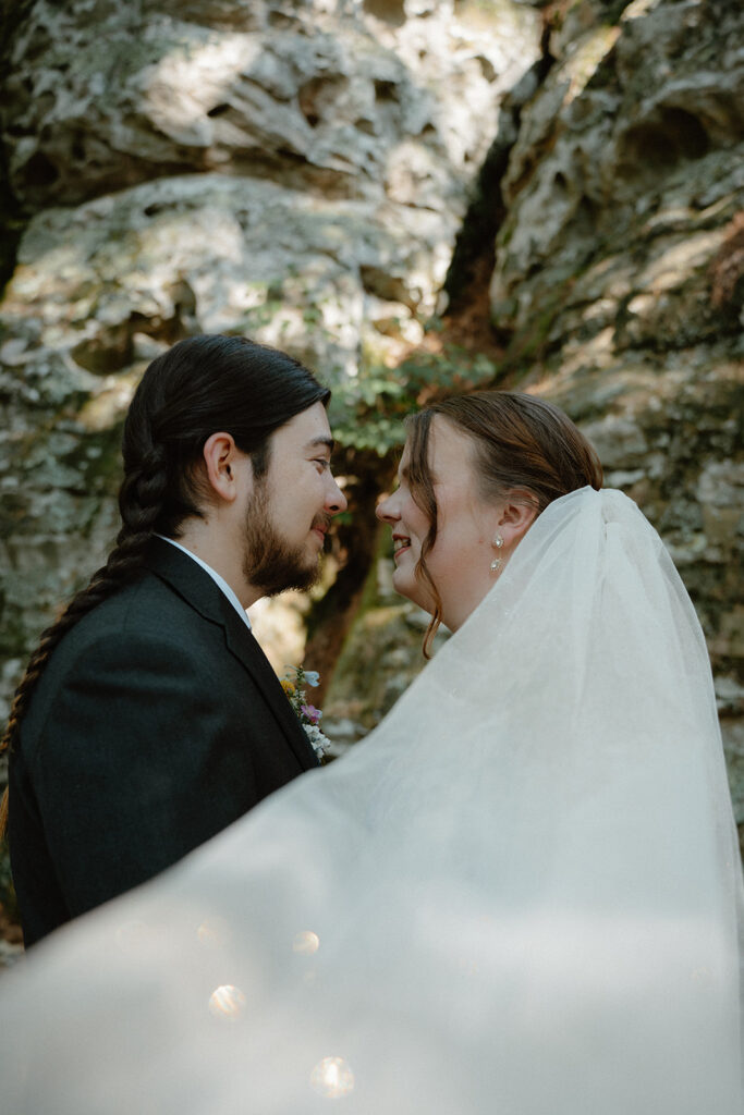 photo of bride and groom at their first look