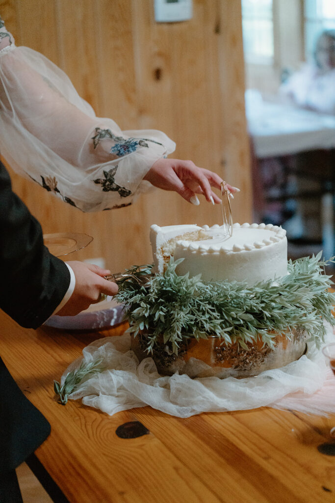 photo of cake cutting at wedding reception