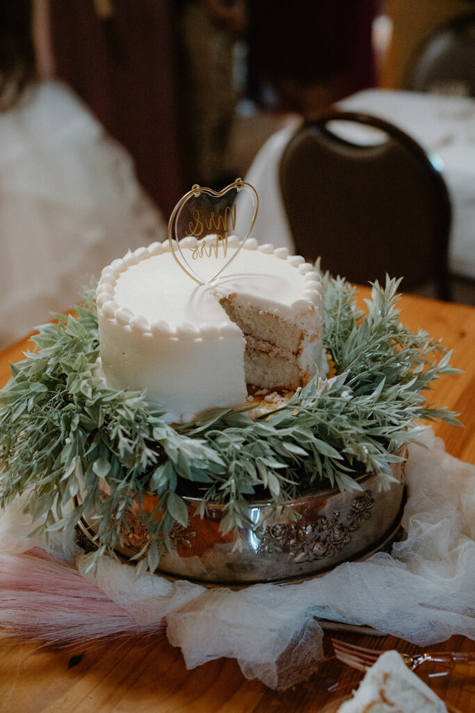 photo of cake cutting at wedding reception